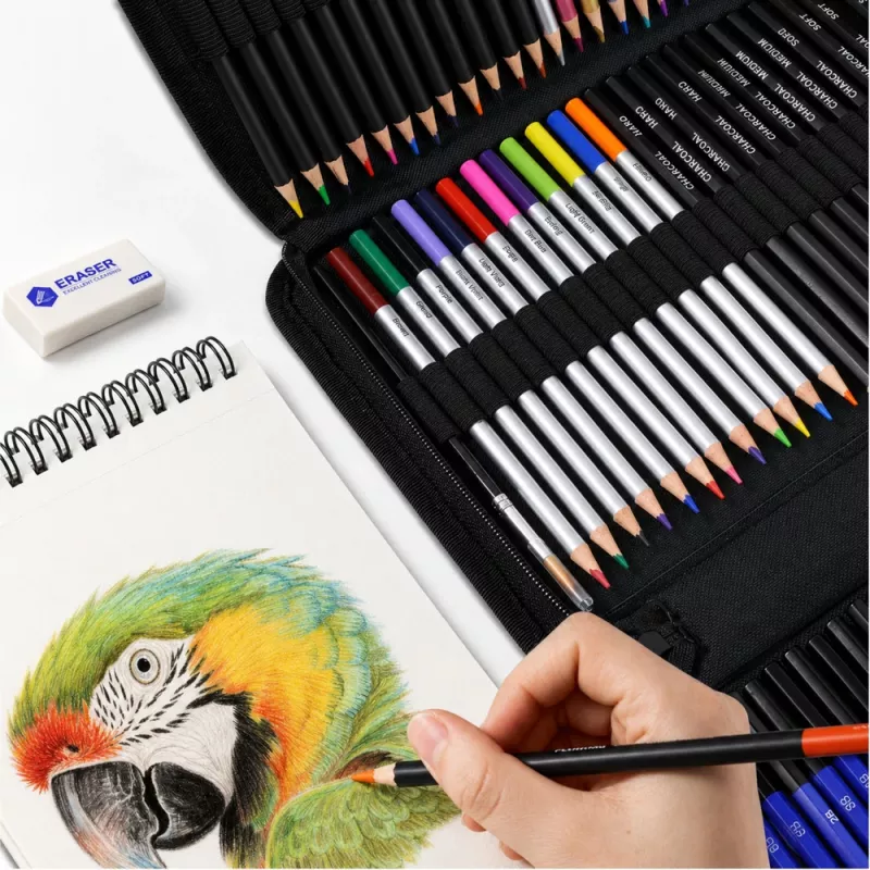 LEAN Set per disegno e schizzo, set completo da 74 pezzi con matite in grafite, matite colorate, pastelli a olio, carboncino e astuccio con zip