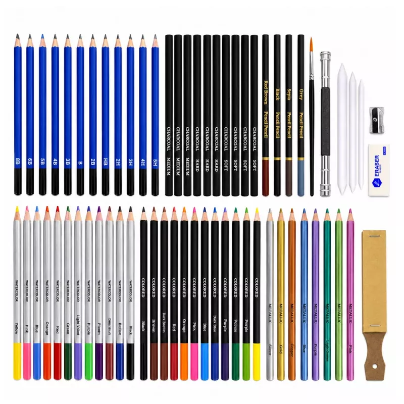 LEAN Set per disegno e schizzo, set completo da 74 pezzi con matite in grafite, matite colorate, pastelli a olio, carboncino e astuccio con zip