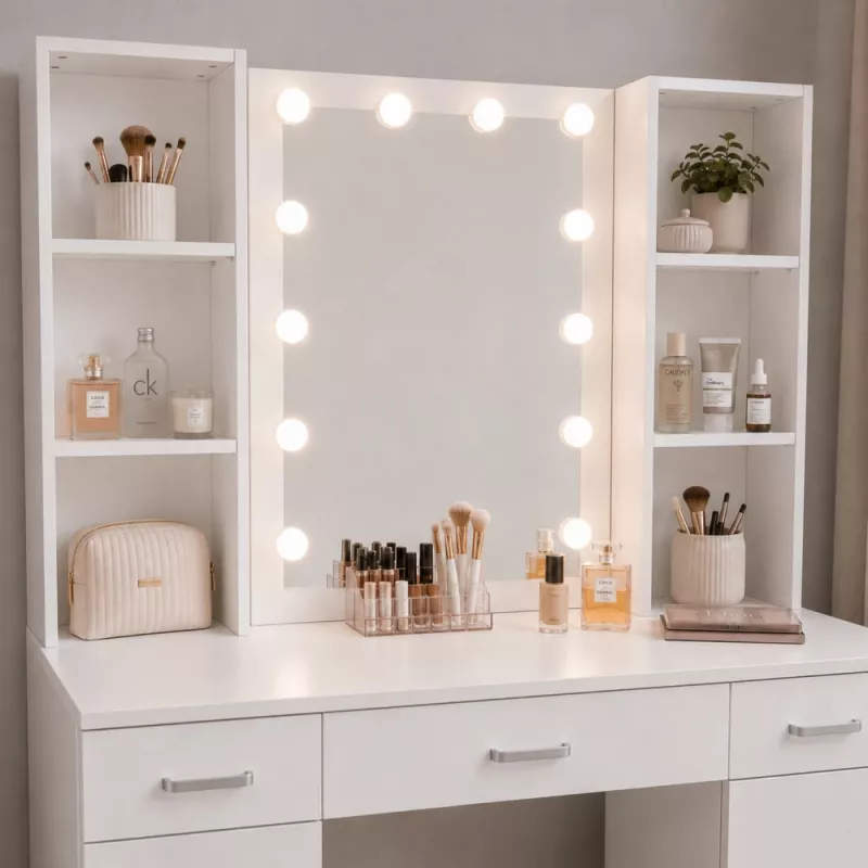 LEAN toeletta cosmetico con specchio LED, cassetti e armadietto, bianco, 141x114x39 cm