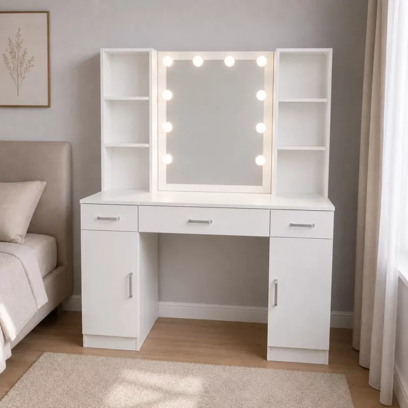LEAN toeletta cosmetico con specchio LED, cassetti e armadietto, bianco, 141x114x39 cm