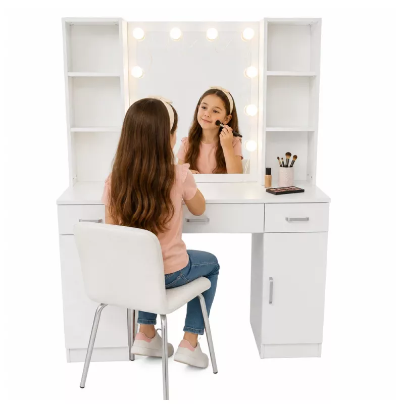 LEAN toeletta cosmetico con specchio LED, cassetti e armadietto, bianco, 141x114x39 cm