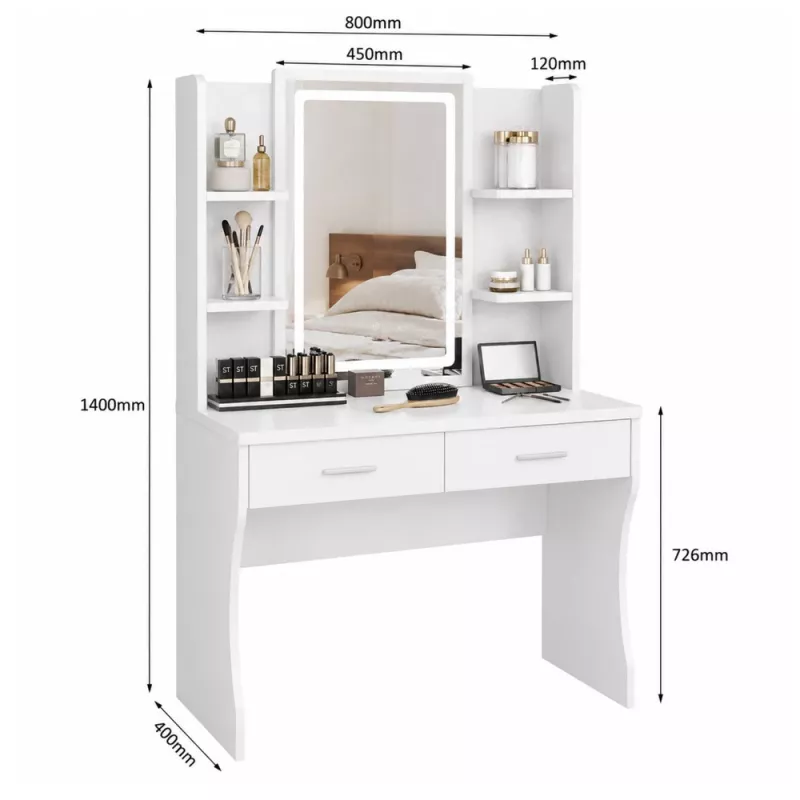 LEAN tavolo da trucco con specchio LED, ripiani, cassetti, bianco 140x80x40 cm