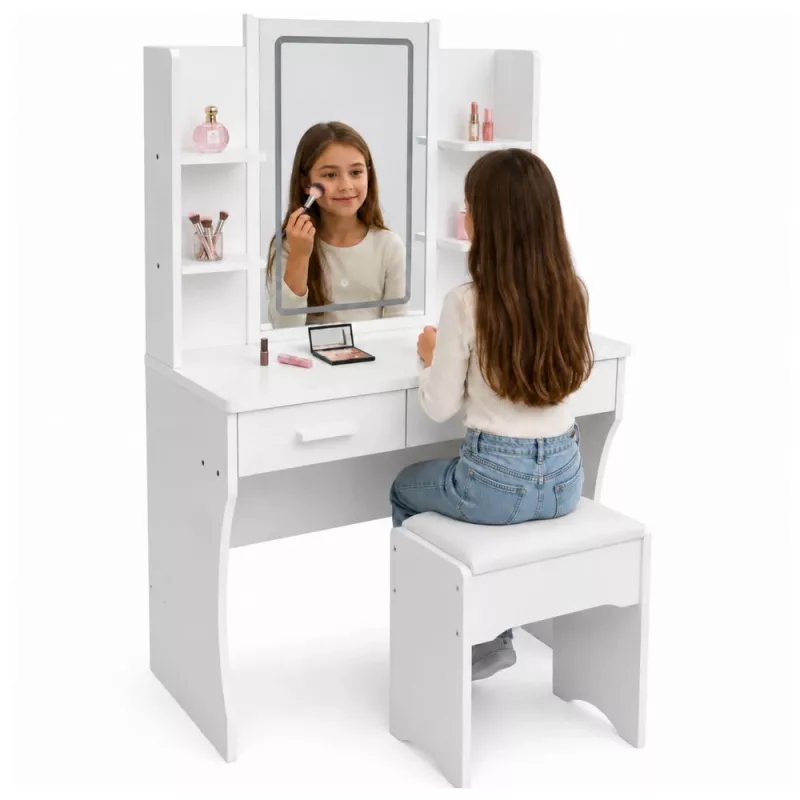 LEAN tavolo da trucco con specchio LED, ripiani, cassetti, bianco 140x80x40 cm