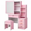 Tavolo da trucco LEAN con specchio, 4 cassetti, ripiani e sgabello, rosa 130x80x36 cm