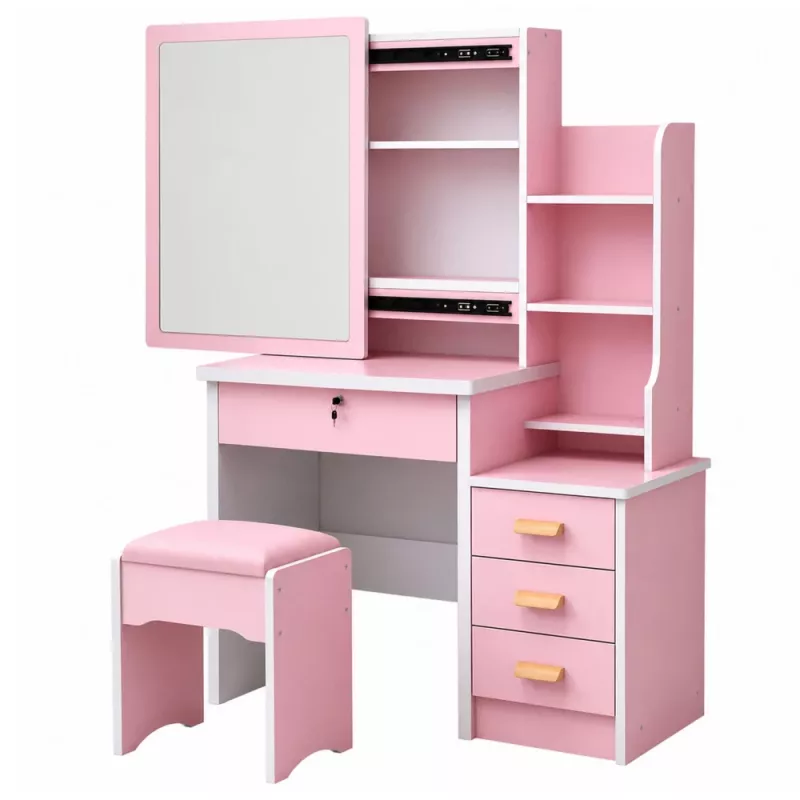 Tavolo da trucco LEAN con specchio, 4 cassetti, ripiani e sgabello, rosa 130x80x36 cm