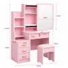 Tavolo da trucco LEAN con specchio, 4 cassetti, ripiani e sgabello, rosa 130x80x36 cm