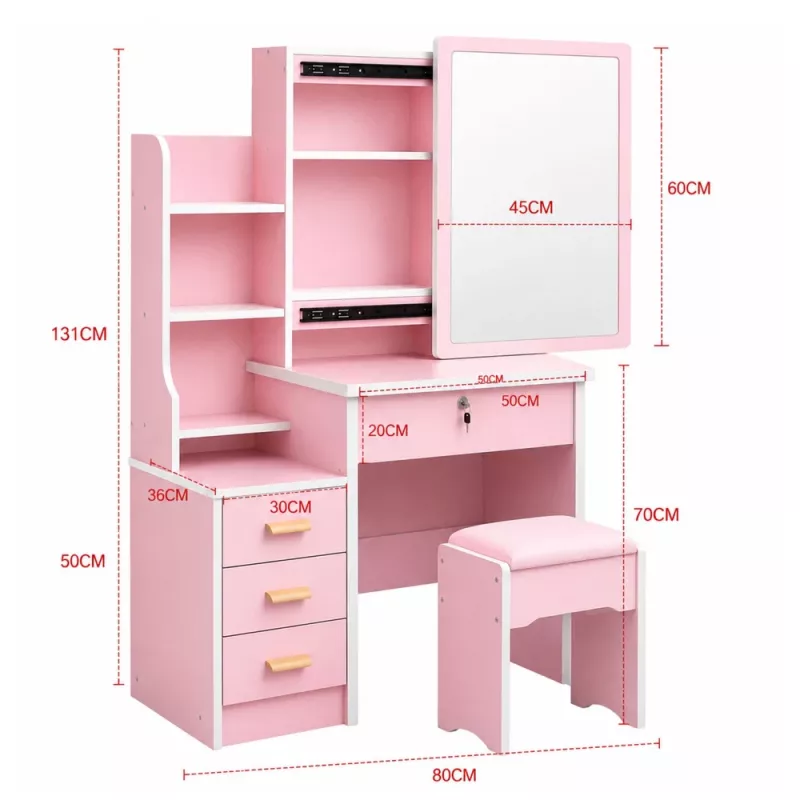 Tavolo da trucco LEAN con specchio, 4 cassetti, ripiani e sgabello, rosa 130x80x36 cm