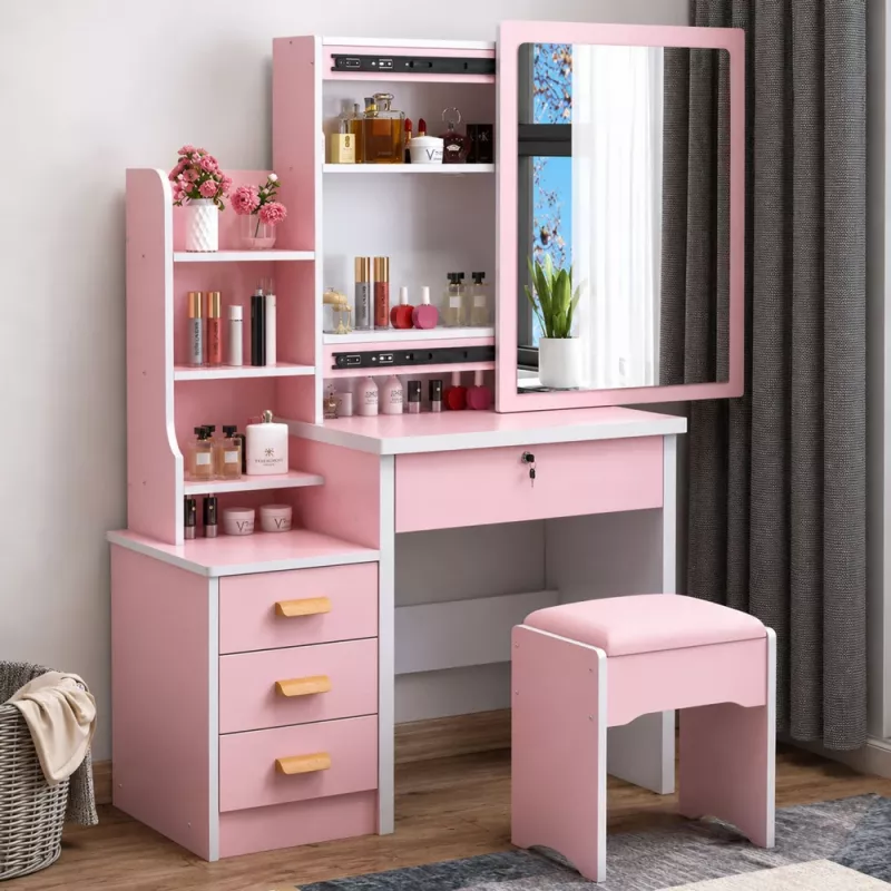 Tavolo da trucco LEAN con specchio, 4 cassetti, ripiani e sgabello, rosa 130x80x36 cm