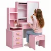 Tavolo da trucco LEAN con specchio, 4 cassetti, ripiani e sgabello, rosa 130x80x36 cm