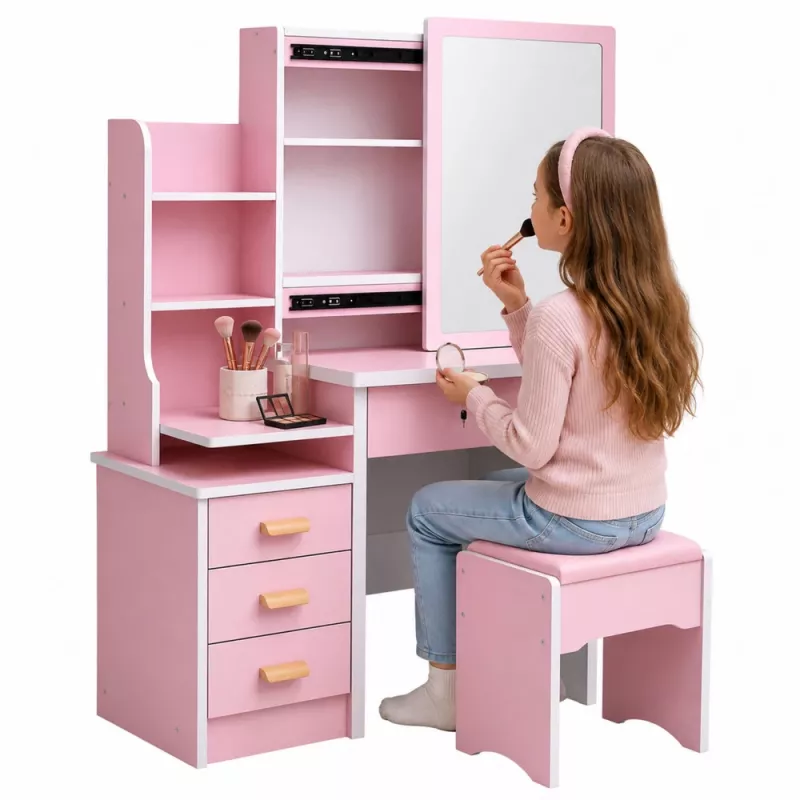 Tavolo da trucco LEAN con specchio, 4 cassetti, ripiani e sgabello, rosa 130x80x36 cm