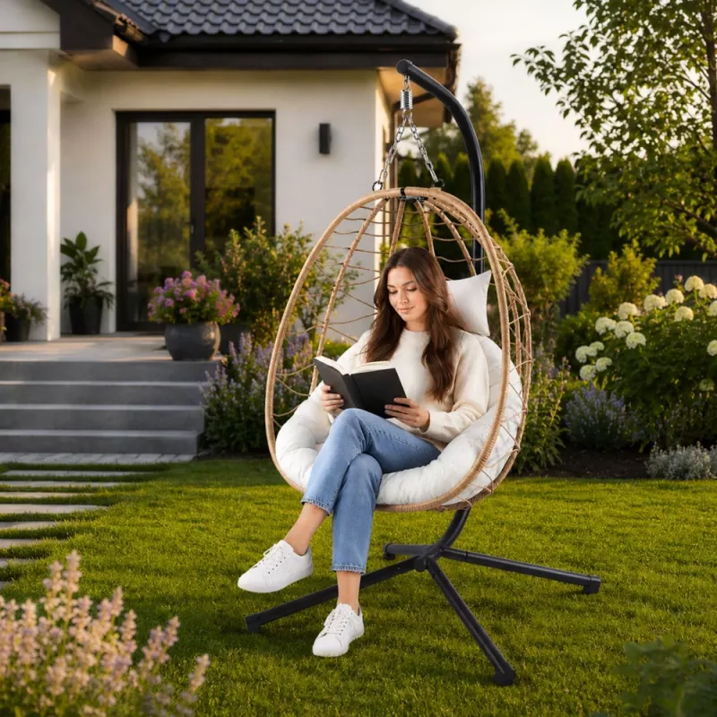 LEAN Sedia a dondolo sospesa da giardino cocoon con cuscino struttura marrone