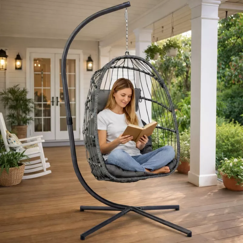 LEAN Sedia a dondolo sospesa da giardino cocoon con cuscino struttura grigia
