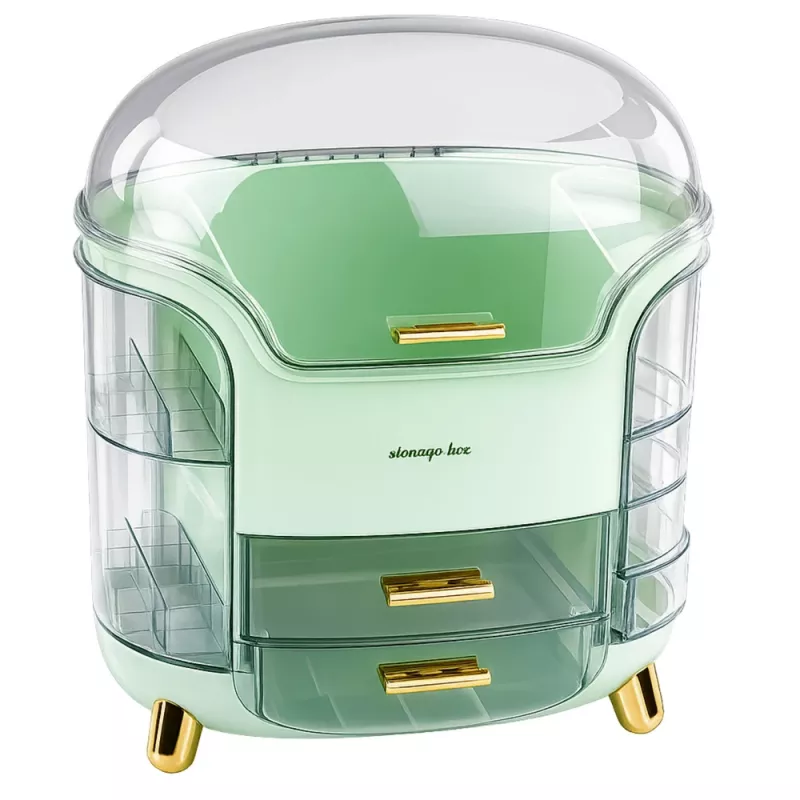LEAN Grande organizer cosmetico con 2 livelli, 3 cassetti e coperchio trasparente, verde