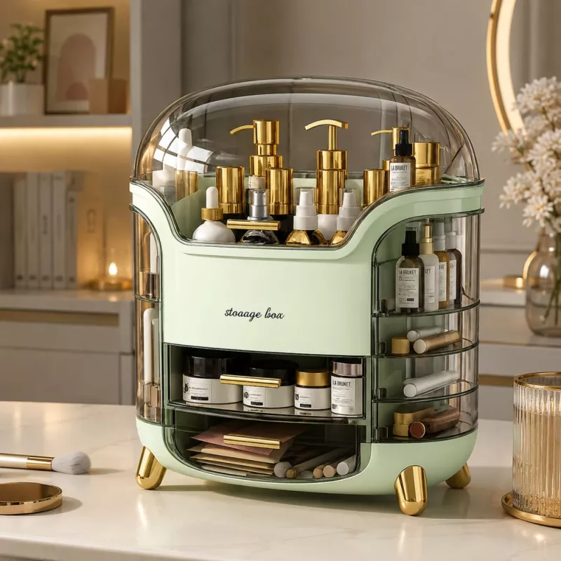 LEAN Grande organizer cosmetico con 2 livelli, 3 cassetti e coperchio trasparente, verde
