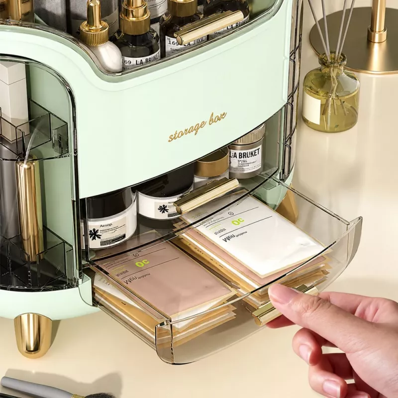 LEAN Grande organizer cosmetico con 2 livelli, 3 cassetti e coperchio trasparente, verde