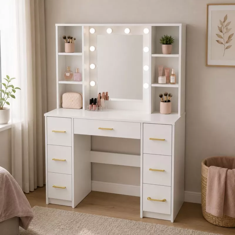 LEAN grande toeletta con specchio e illuminazione LED, 7 cassetti, mensole, bianco, 140x100x40 cm