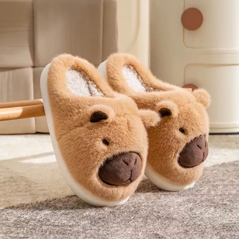 LEAN Pantofole capybara in peluche con orecchie calde morbide beige taglia 34-35