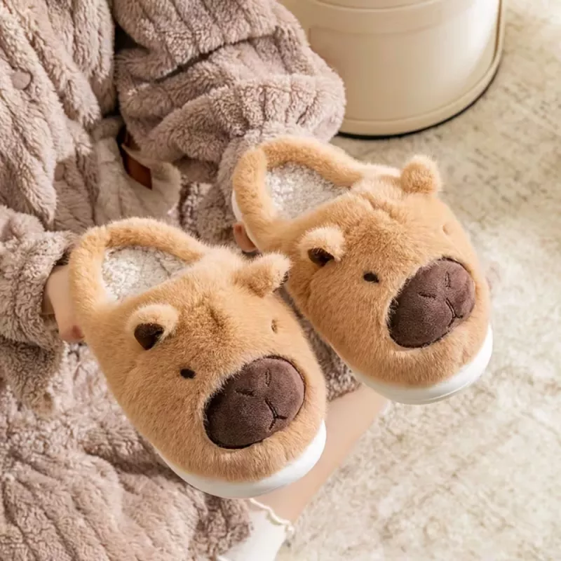 LEAN Pantofole capybara in peluche con orecchie calde morbide beige taglia 34-35