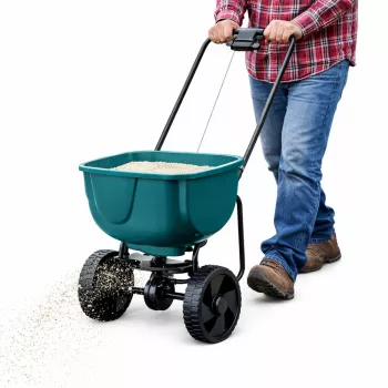 LEAN Seminatrice rotativa su ruote per distribuire fertilizzante, semi d'erba, sale e sabbia, 27L