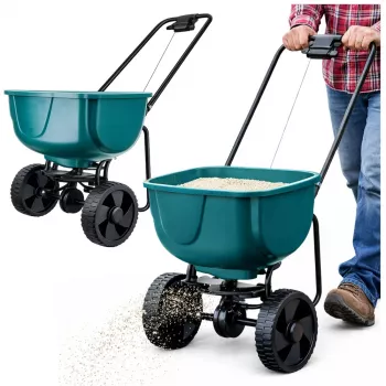 LEAN Seminatrice rotativa su ruote per distribuire fertilizzante, semi d'erba, sale e sabbia, 27L