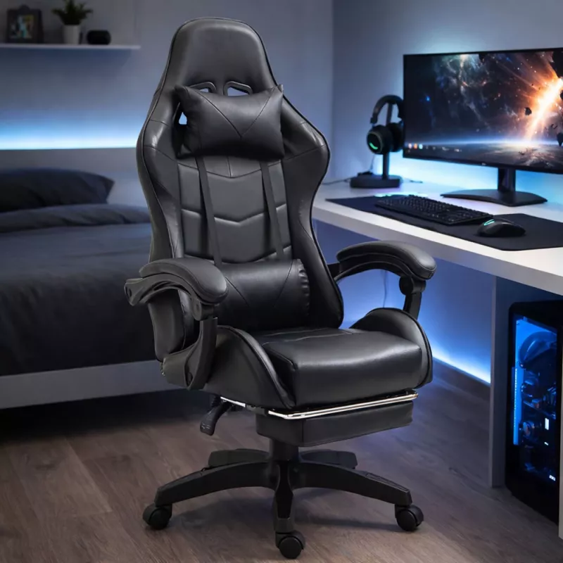 LEAN Sedia da ufficio girevole e gaming con poggiapiedi e cuscini, nero