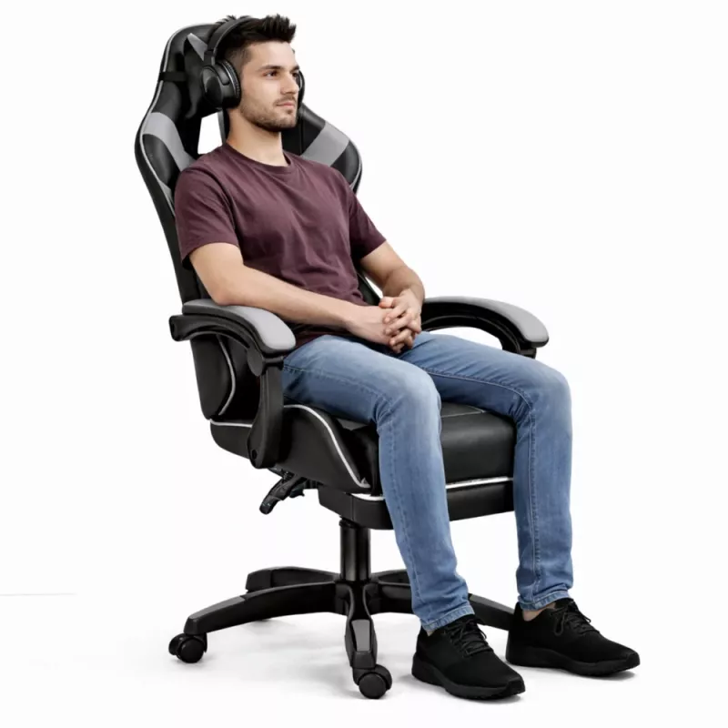 LEAN Sedia da ufficio girevole e gaming con poggiapiedi e cuscini nero e grigio