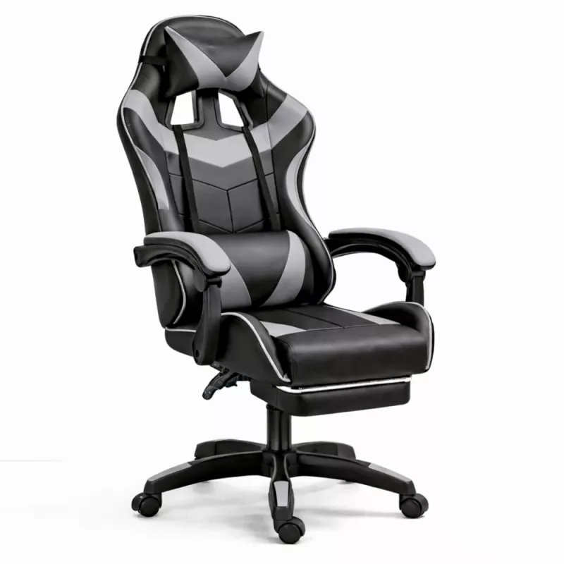 LEAN Sedia da ufficio girevole e gaming con poggiapiedi e cuscini nero e grigio