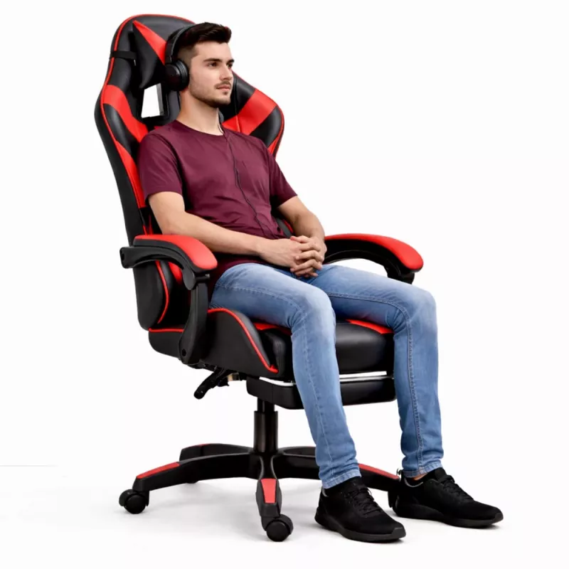 LEAN Sedia da ufficio girevole e gaming con poggiapiedi e cuscini, nero e rosso