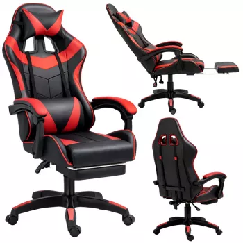 LEAN Sedia da ufficio girevole e gaming con poggiapiedi e cuscini, nero e rosso