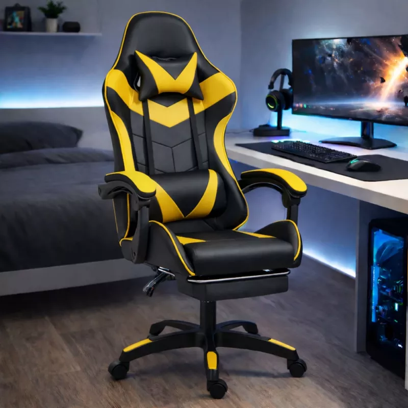 LEAN Sedia da ufficio girevole e gaming con poggiapiedi e cuscini, nero e giallo
