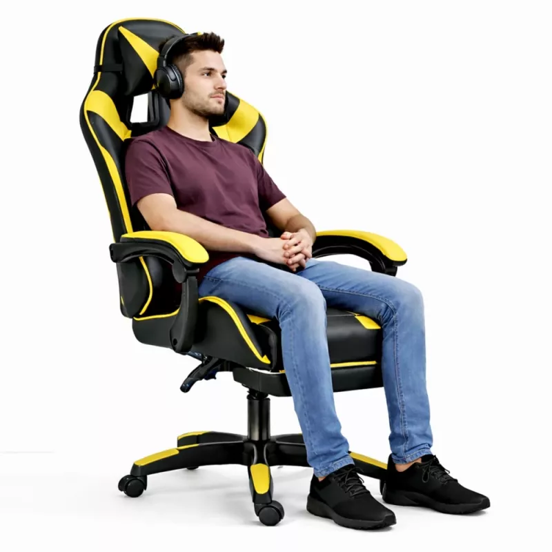 LEAN Sedia da ufficio girevole e gaming con poggiapiedi e cuscini, nero e giallo