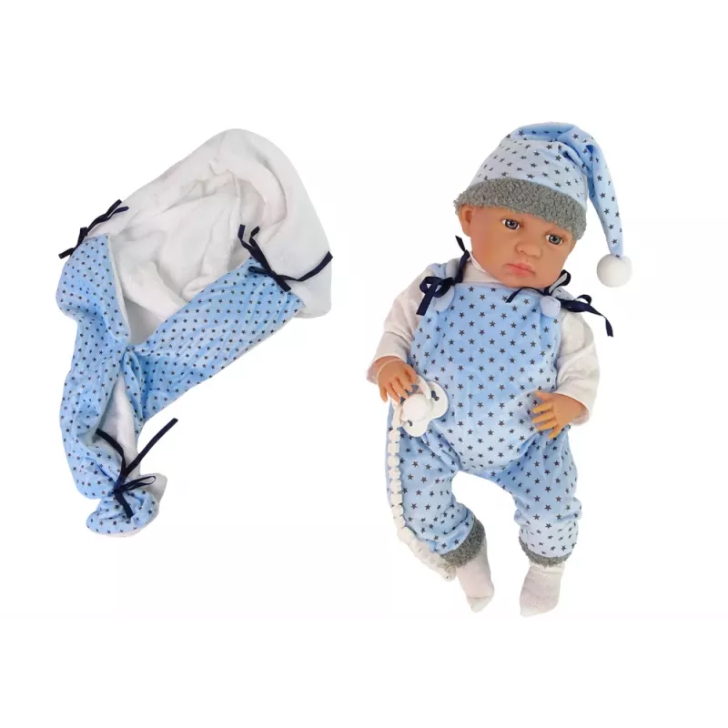 LEAN TOYS Bambola neonato 46 cm ciuccio blu coperta con stelle