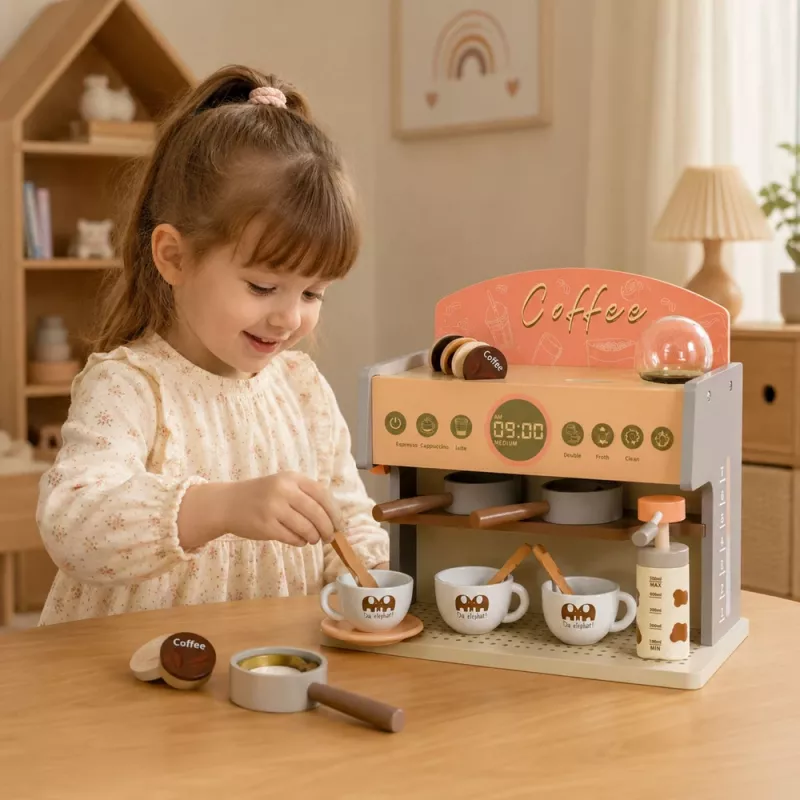 LEAN TOYS set barista macchina per caffè accessori in legno rosa