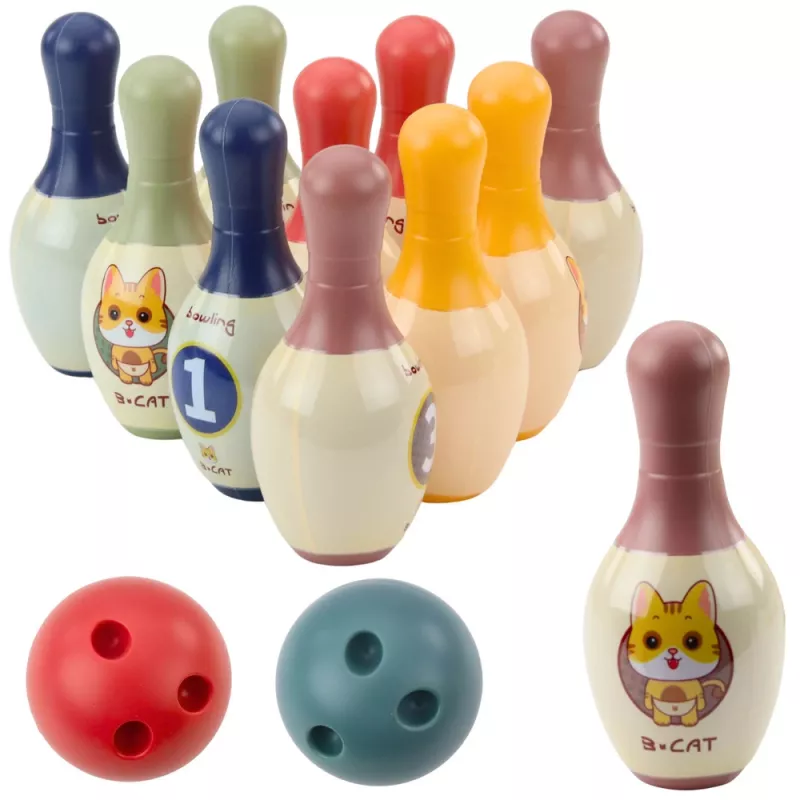 LEAN TOYS set bowling con gatti per bambini, 10 birilli, 2 palle colorate