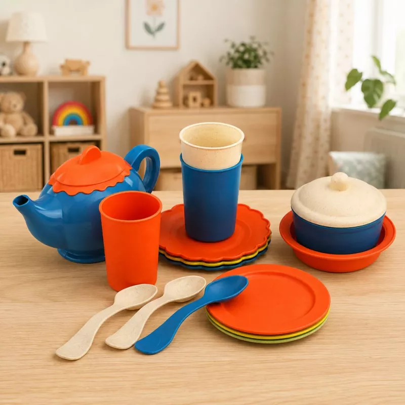 LEAN TOYS Set stoviglie per bambini in fibra di bambù, blu e arancione, 15 pezzi