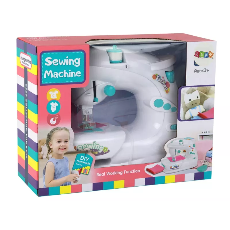 Lean Toys macchina da cucire per bambini - bianco, a batteria, giocattolo realistico con pedale e luce LED