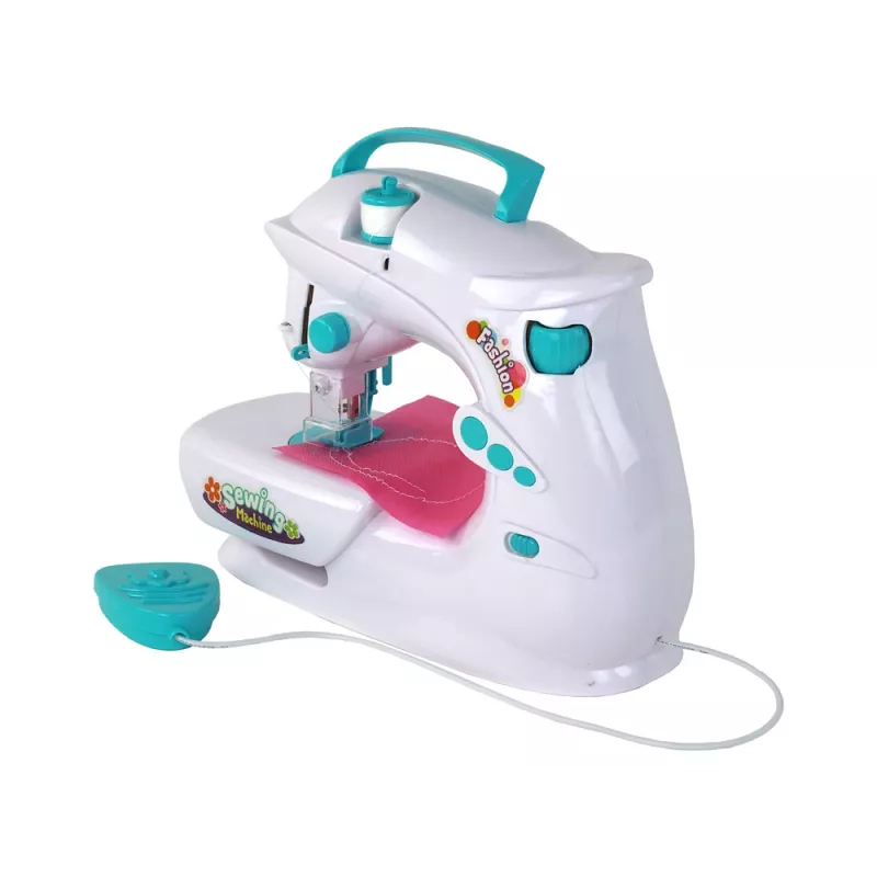 Lean Toys macchina da cucire per bambini - bianco, a batteria, giocattolo realistico con pedale e luce LED