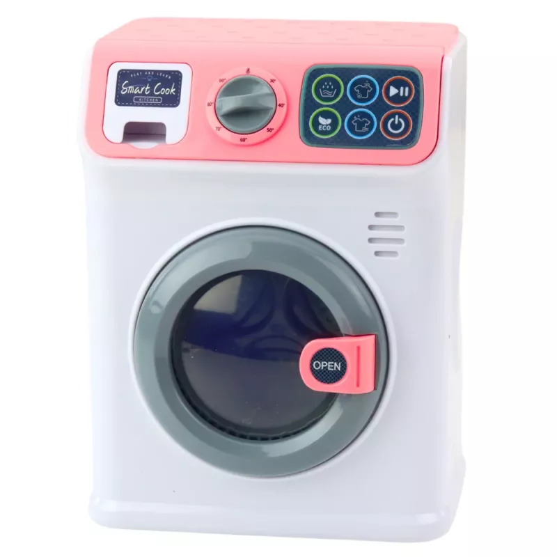LEAN TOYS Lavatrice giocattolo per bambini con cestello rotante, luci e suoni, bianco/rosa