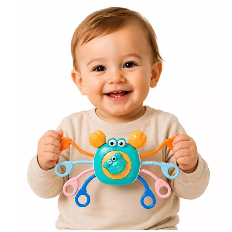 LEAN TOYS giocattolo sensoriale granchio per neonati sonaglio dentaruolo blu