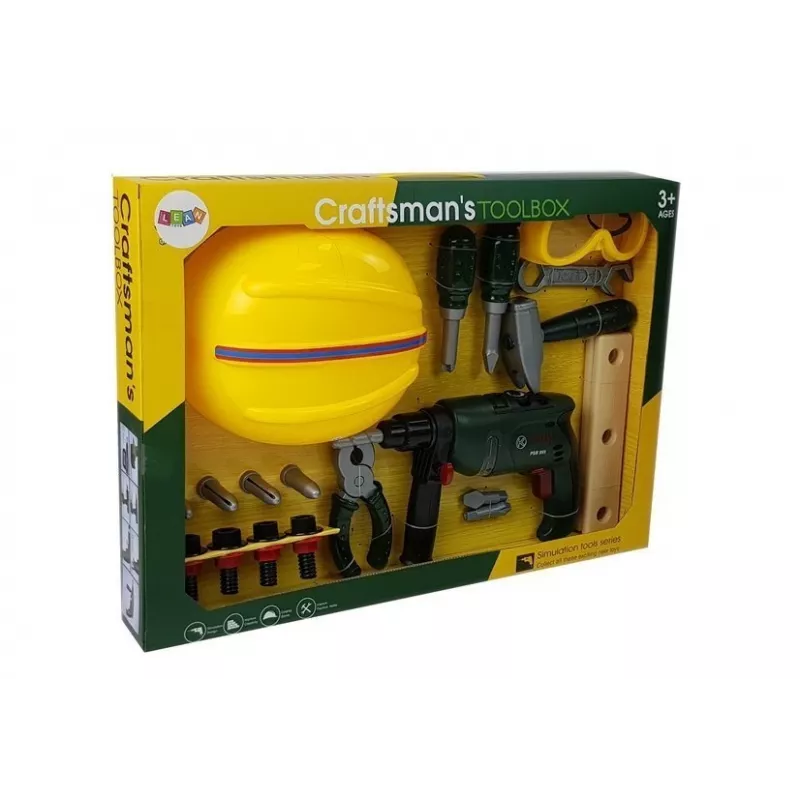 LEAN TOYS set fai da te trapano a batteria, occhiali protettivi e casco