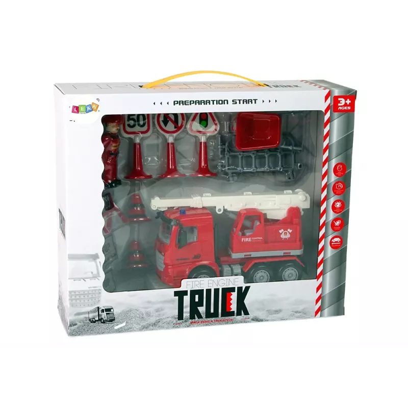 LEAN TOYS Set vigili del fuoco con gru, segnali stradali e pompiere