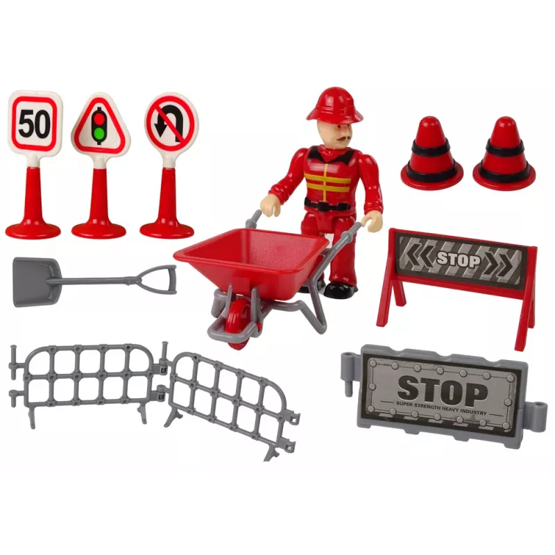LEAN TOYS Set vigili del fuoco con gru, segnali stradali e pompiere