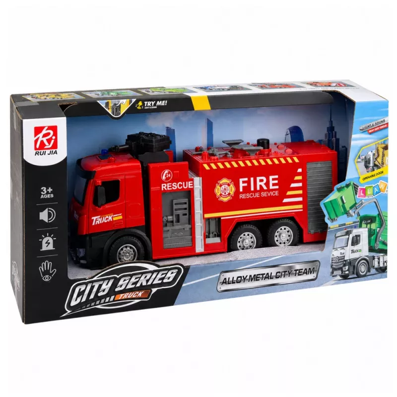 LEAN TOYS camion dei pompieri con funzione acqua, cabina in metallo, luci, suoni 1:12