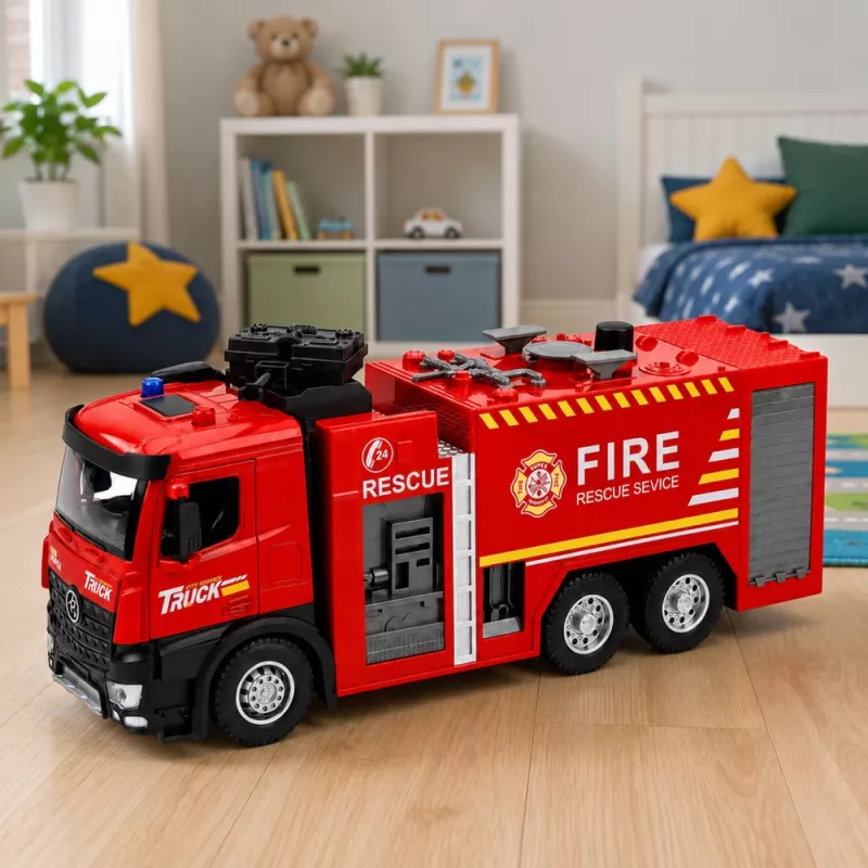 LEAN TOYS camion dei pompieri con funzione acqua, cabina in metallo, luci, suoni 1:12