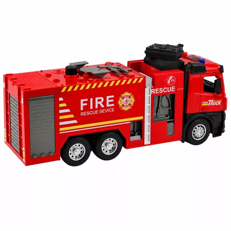 LEAN TOYS camion dei pompieri con funzione acqua, cabina in metallo, luci, suoni 1:12
