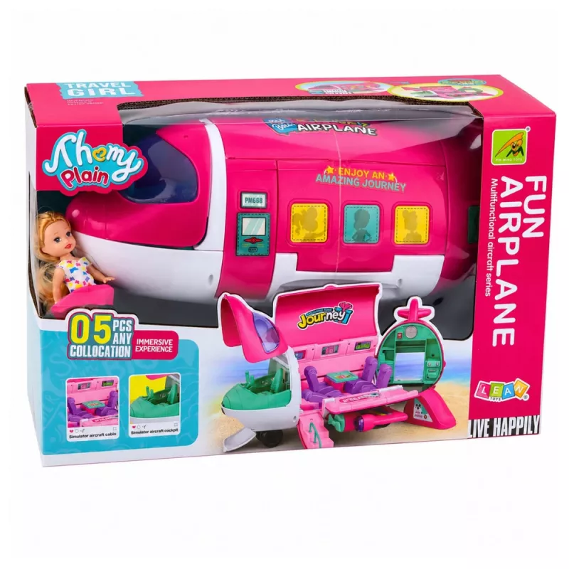 LEAN TOYS Aereo passeggeri per bambole 2 in 1 pieghevole rosa – set casa delle bambole trasformabile per bambole da 30 cm