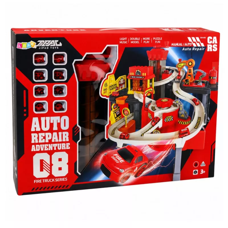 LEAN TOYS parcheggio multipiano interattivo con autolavaggio e officina – set gioco vigili del fuoco con 8 auto