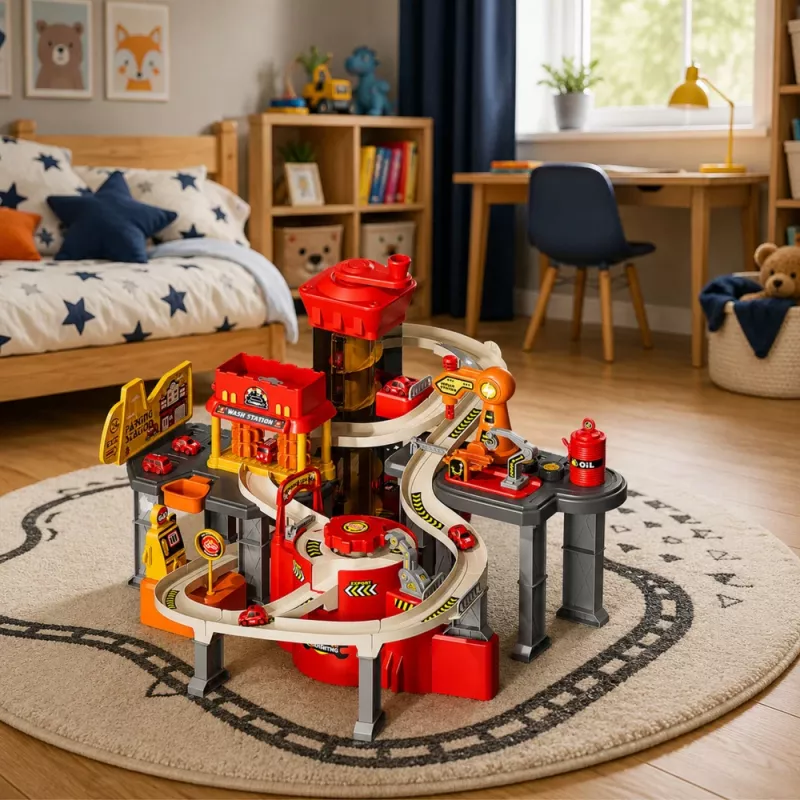 LEAN TOYS parcheggio multipiano interattivo con autolavaggio e officina – set gioco vigili del fuoco con 8 auto