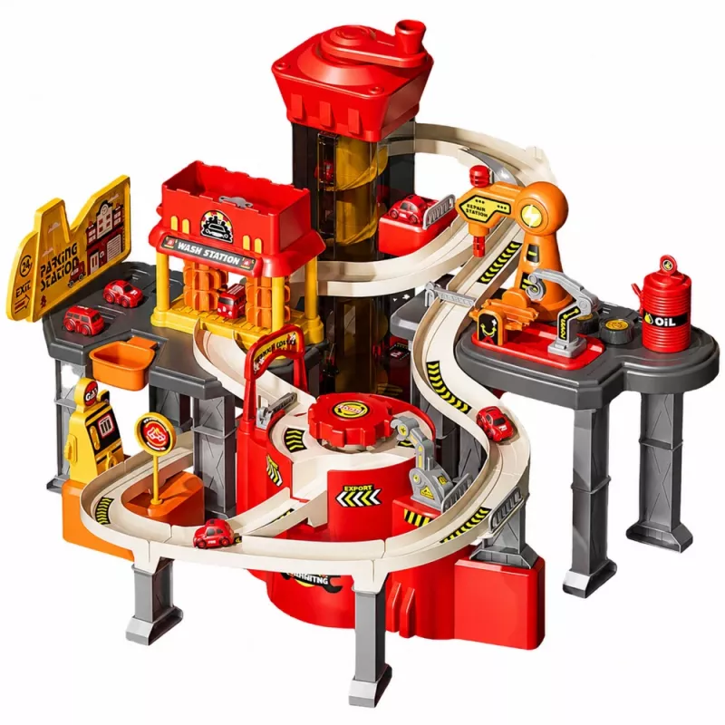 LEAN TOYS parcheggio multipiano interattivo con autolavaggio e officina – set gioco vigili del fuoco con 8 auto