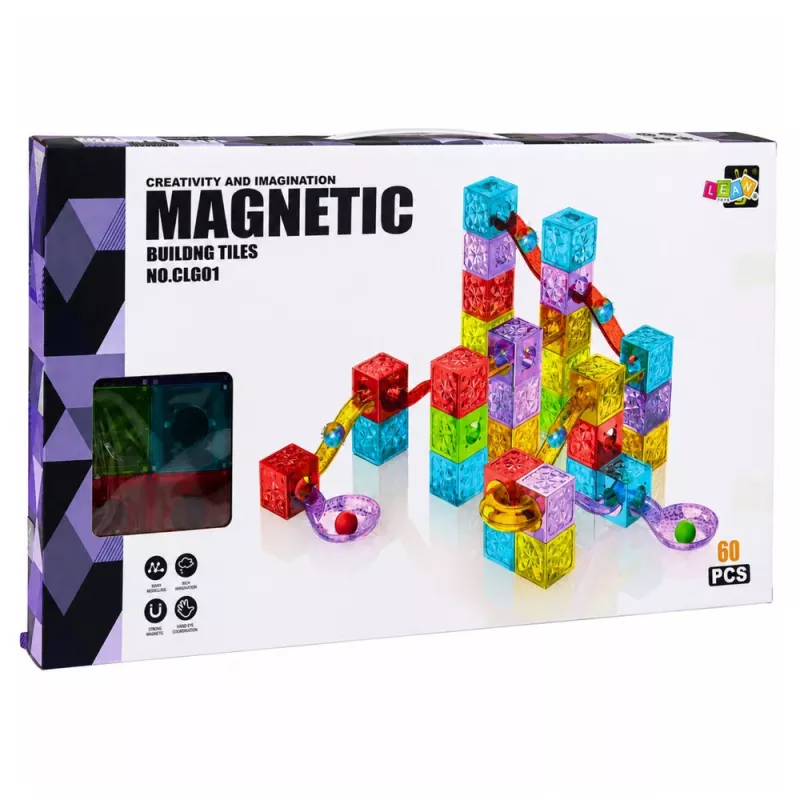 LEAN TOYS Mattoncini magnetici 60 pezzi - Colorato set da costruzione cubi-piste con biglie